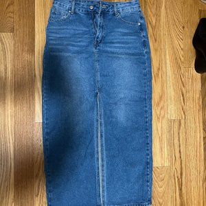 High rise mid blue denim midi skirt, size S